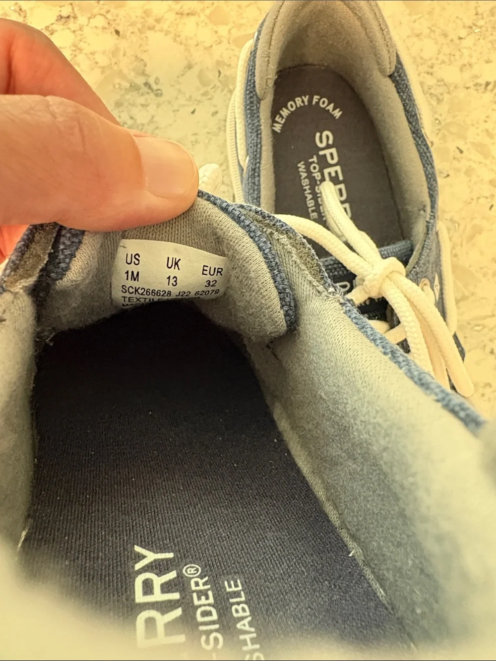 Boys Sperry Navy Canvas Memory Foam Boat Shoes with White Laces